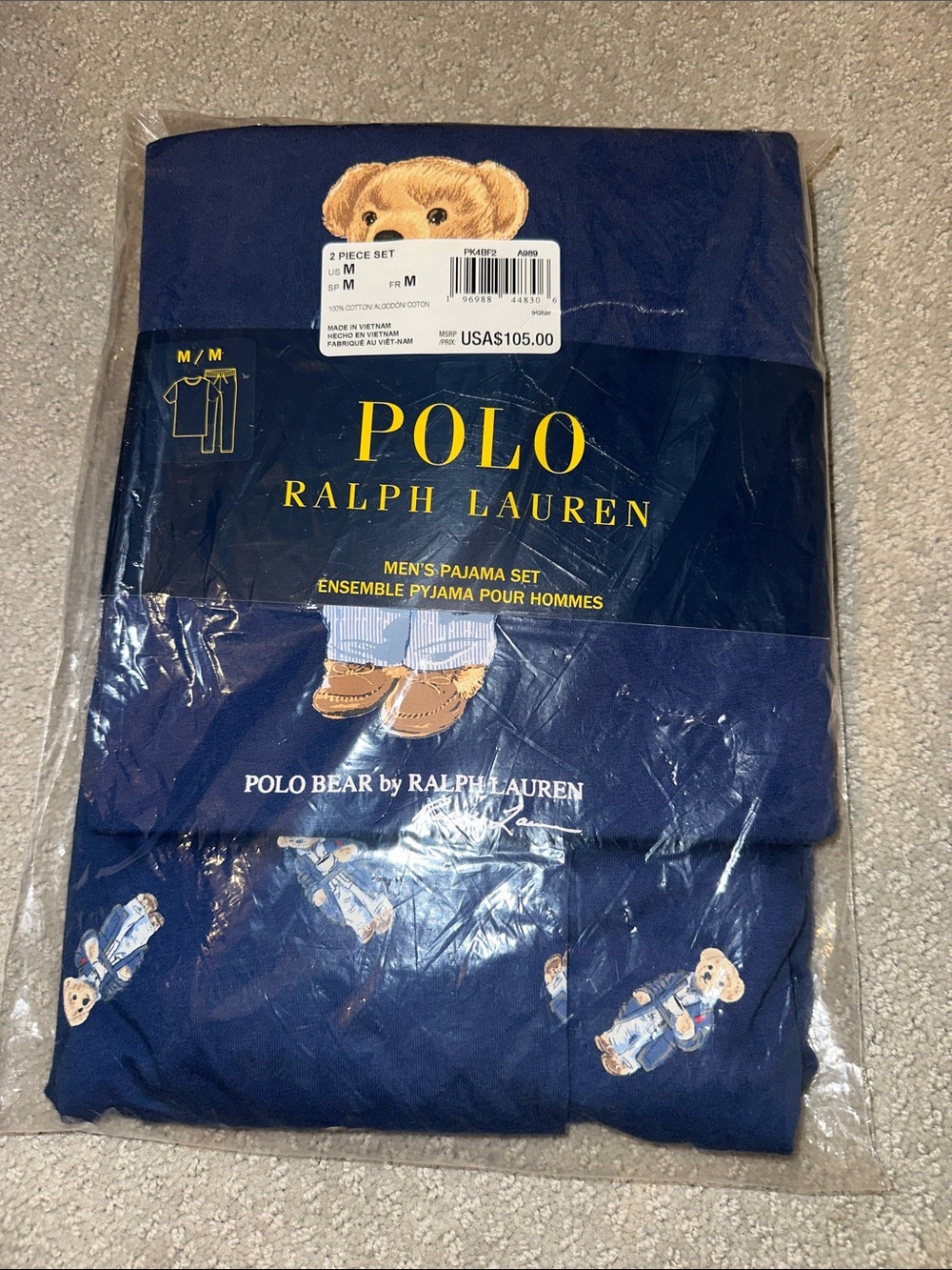 New! 2pc Polo Ralph Lauren Navy Polo Bear Men's Pajama Set - Size M